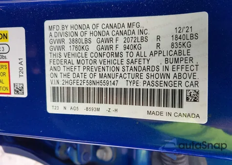 2022 Honda Civic Sport z USA, uszkodzony, nr VIN 2HGFE2F58NH559147